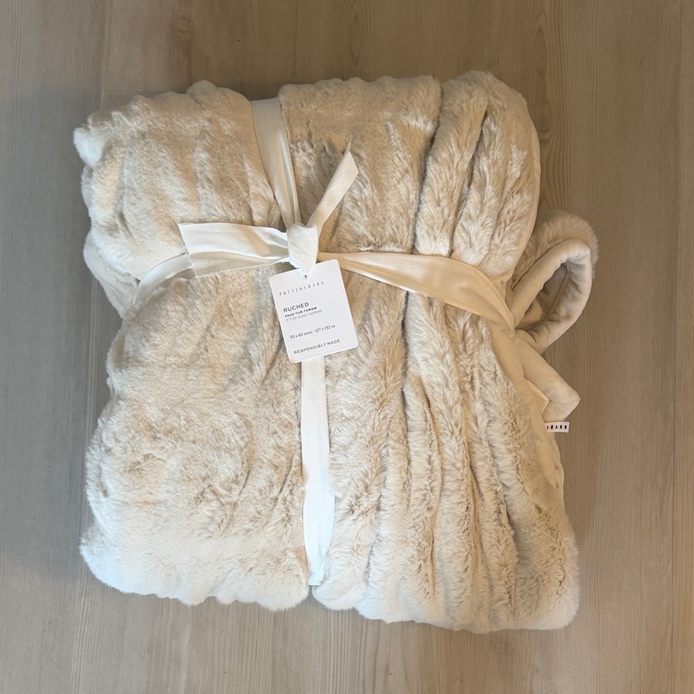 Pottery Barn Cream Faux Fur Throw Blanket